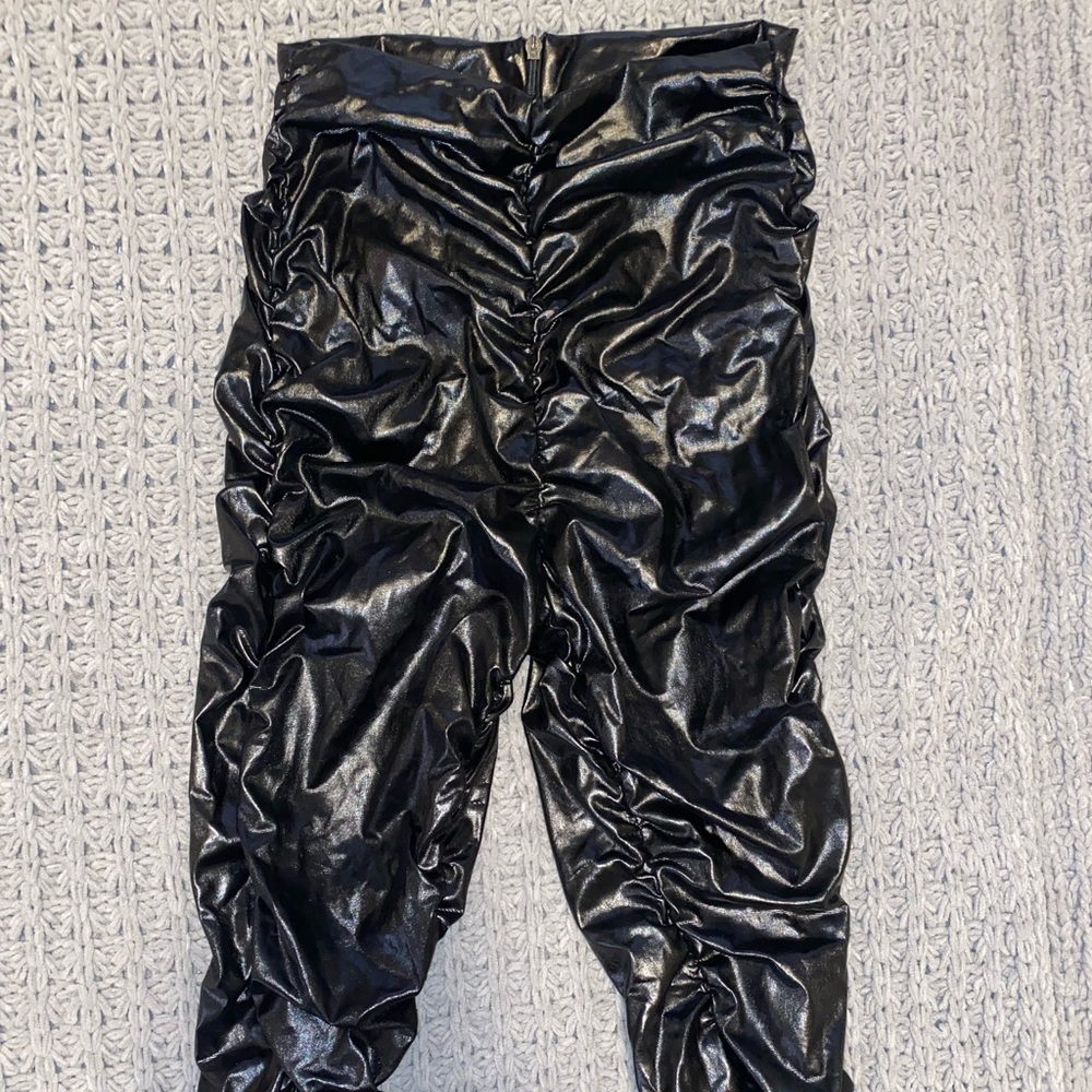 Black leather Rutched side detail pants